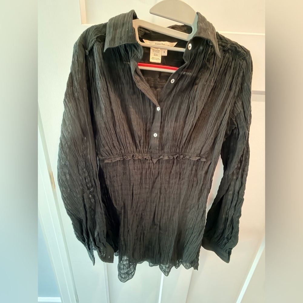 Sophie Max Black Crinkle Cotton Button Front Blouse Size Small